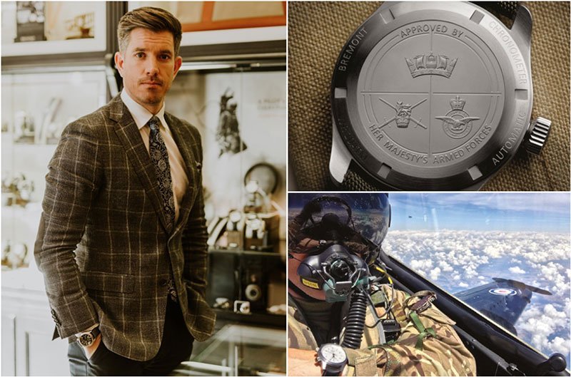Clockwise from left: Bremont ambassador Brian Wood MC with the Bremont Broadsword, the case back design of the Armed Forces Collection and an example of a bespoke Bremont Military chronometer in action.
