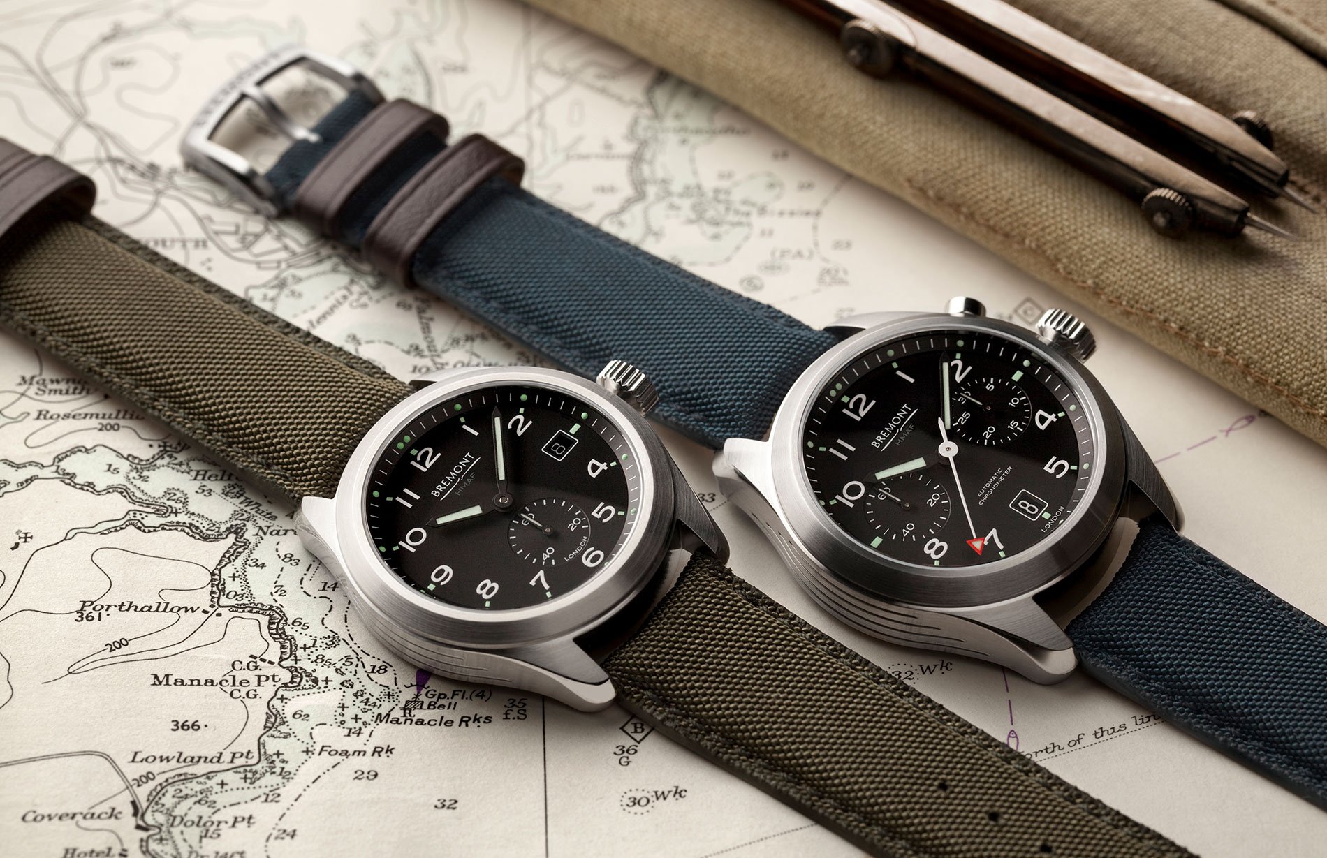 Two of the new timepieces from The Armed Forces Collection, namely the Bremont Broadsword (left) and the Bremont Arrow (right).