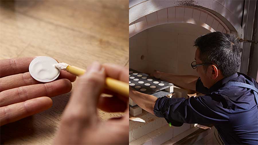 Next, the holes for the date window and hands are cut by laser. Finally, the dials are then fired again to render smooth the surfaces that have been cut.